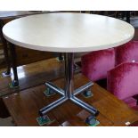 A birch veneered tilt-top table on braked wheels, by Quinton Cavendish, with maker's labels, W90cm