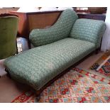 A Victorian upholstered chaise longue, on scrolled mahogany cabriole legs, L200cm