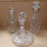 A ship's decanter and stopper, and 2 cut-glass decanters and stoppers, tallest 30.5cm