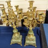 A pair of green onyx and brass 5-light candelabra, height 50cm