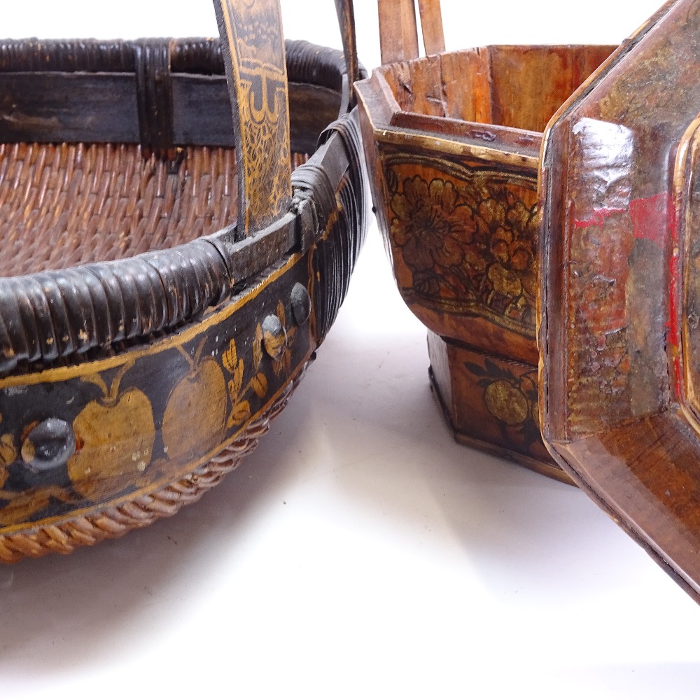 3 Oriental stained painted and gilded bentwood containers, including wicker basket, basket length - Image 2 of 2