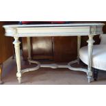 A Continental painted bow-end writing desk, with single frieze drawer, raised on fluted legs, L130cm
