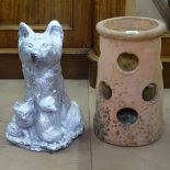 Terracotta strawberry pot and a concrete garden fox, (2)
