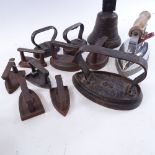 Various flat irons, bentwood basket, cast-iron bell etc