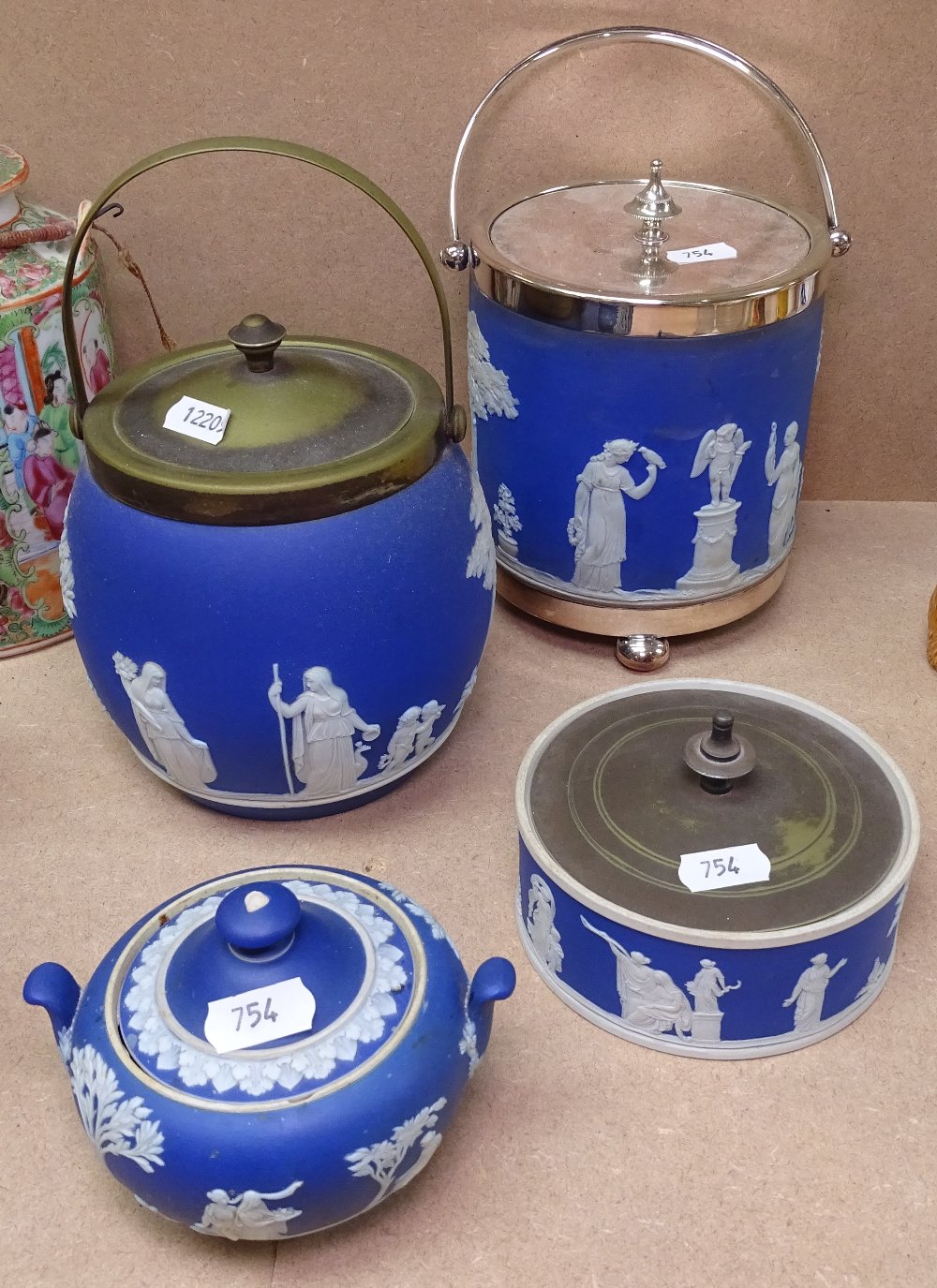 Wedgwood Jasperware jar and cover with plated mounts and swing handle, and 3 other Wedgwood