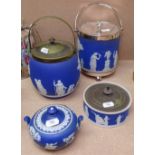 Wedgwood Jasperware jar and cover with plated mounts and swing handle, and 3 other Wedgwood