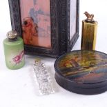 Various collectables, including Oriental lead tea caddy, silver-topped porcelain scent bottle,