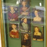 A framed set of printed wood blocks, depicting Henry VIII and his six wives