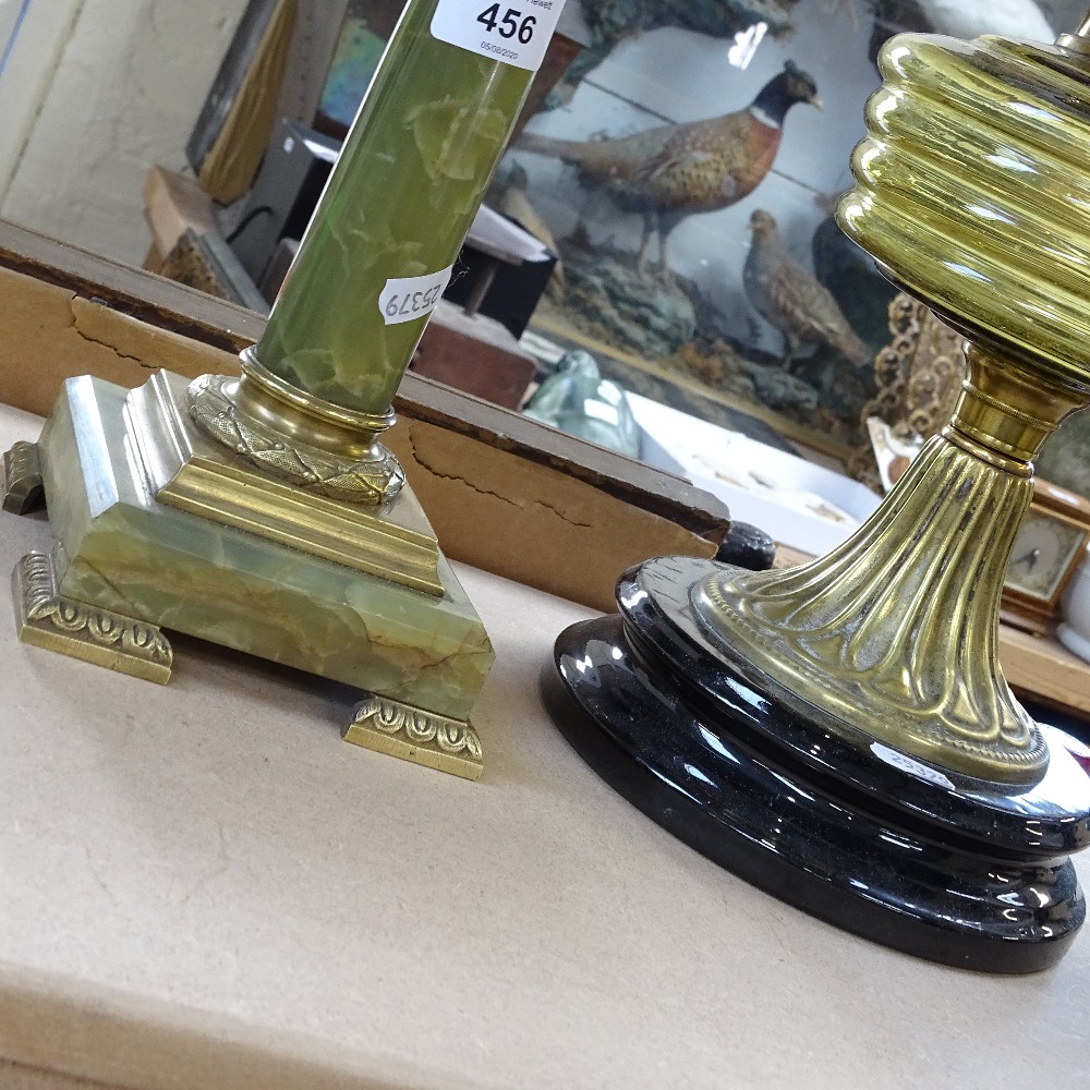 An onyx and brass Corinthian column candlestick, and glass and brass Duplex oil lamp, largest height - Image 3 of 3