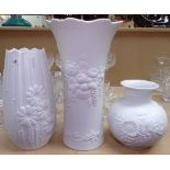 3 Kaiser porcelain vases with moulded floral decoration, tallest 29cm
