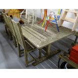 A large weathered hardwood slatted-top garden table, L128cm, D107cm, H75cm, together with 3 matching