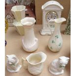 Belleek clock, height 20cm, Belleek cats, vases etc