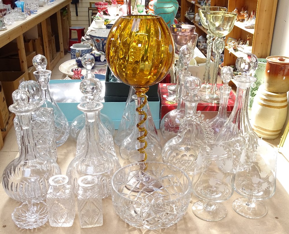 Amber glass vase, 42cm, crystal decanters and stoppers, and other glassware