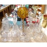 Amber glass vase, 42cm, crystal decanters and stoppers, and other glassware