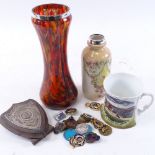 Various collectables, including 2 silver-rimmed jars, cloisonne enamel chamber stick, various