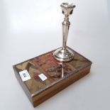 A teak box with silver-framed lid, and modern silver bud vase