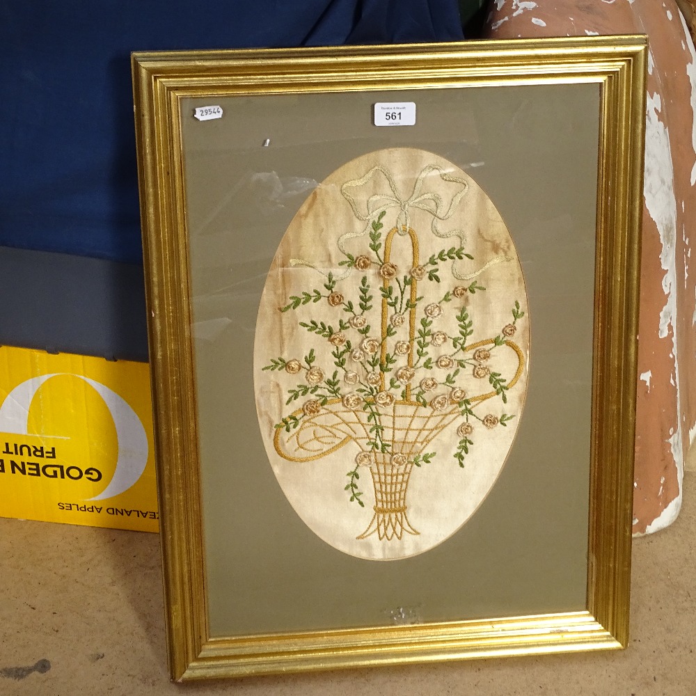 A 19th floral silk embroidery, depicting basket of spring flowers, in gilt frame, frame height 63cm - Image 2 of 3