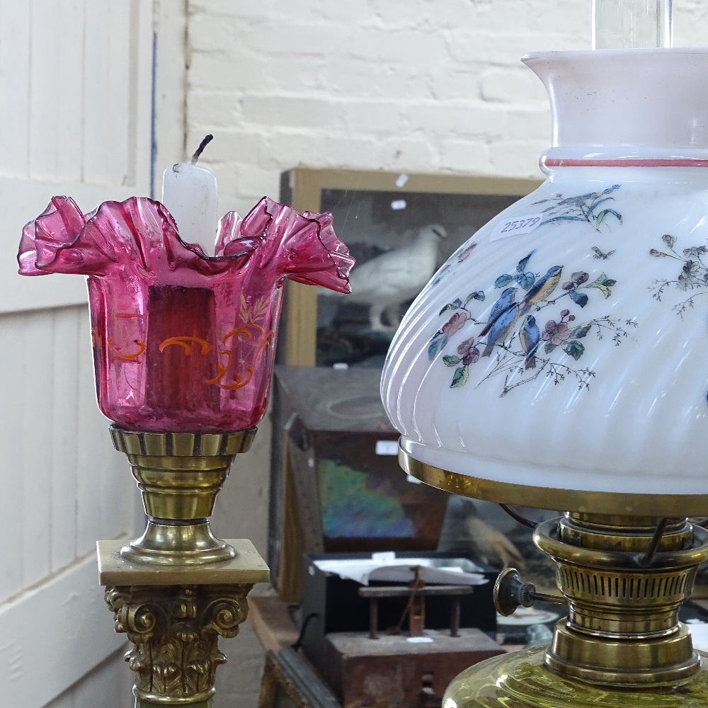 An onyx and brass Corinthian column candlestick, and glass and brass Duplex oil lamp, largest height - Image 2 of 3