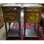 A pair of French oak and marble top bedside cupboards, W36cm