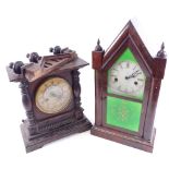 An Art Nouveau oak-cased 8-day mantel clock, and a Gothic style mantel clock, largest case height