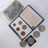 Various British coins, including pre-decimal and some world banknotes