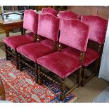 A set of 6 Ipswich oak design and crushed red velvet upholstered dining chairs, with turned legs