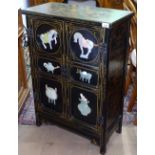 A Chinese design black lacquered and gilded side cabinet, with applied hardstone decorated panels,