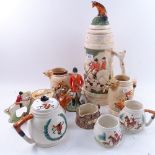 3-piece Vintage hunting scene teapot, jug and bowl, and other Vintage hunting scene pottery,