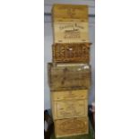 5 various pine wine and Champagne crates, a wicker basket etc