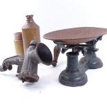 Various kitchenalia, including salt glaze stoneware flagons, set of scales, mincer etc