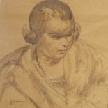 Greenwood, sepia watercolour and charcoal, portrait of a lady, 35cm x 33cm, framed