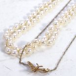 A 9ct gold dragonfly design pendant and chain, and a double string of pearls with 9ct gold clasp