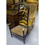 An ebonised ladder-back armchair, a beech rocking chair, and a bamboo elbow chair