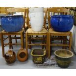 A pair of blue glazed terracotta garden planters, 3 white glazed garden pots etc