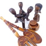 Various African Tribal hardwood carvings, including bowls, musical instruments, ornaments etc