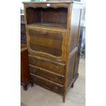 A French panelled oak cabinet, with fall-front above 3 long drawers, on cabriole legs, W74cm