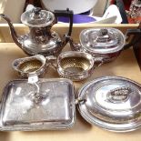 A 4-piece silver plated tea and coffee set of half-fluted form, and 2 plated entree dishes and