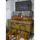 2 Victorian leather and steel-bound trunks, 2 suitcases, and a Millars laundry box (5)