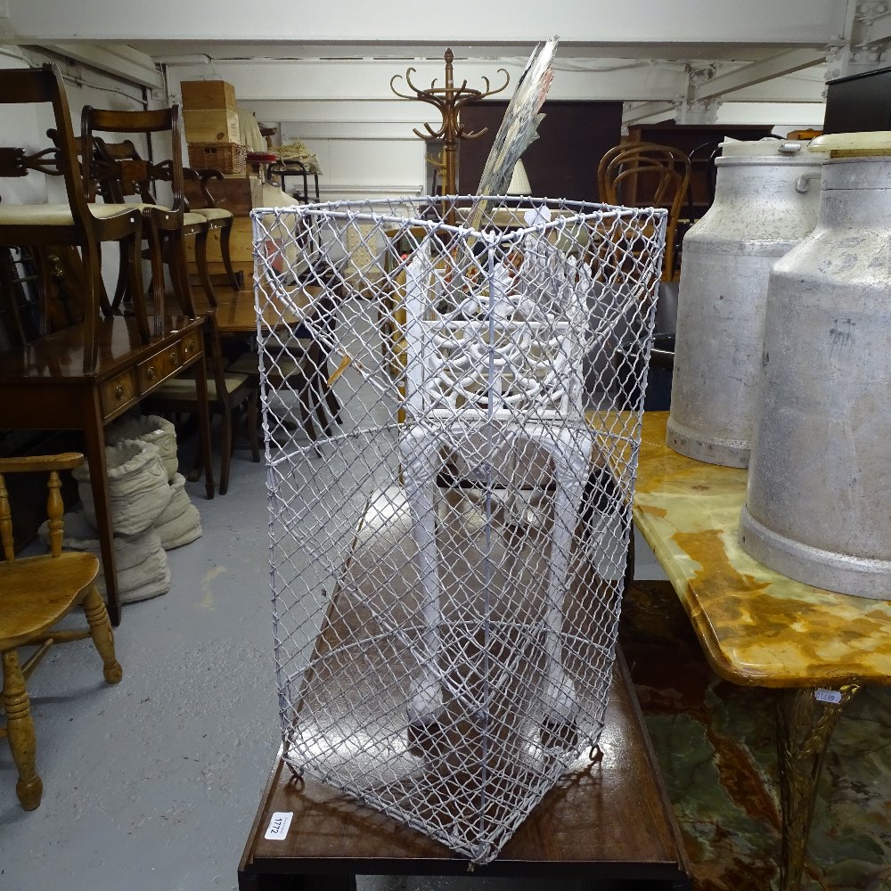 A rectangular pierced wrought-iron plant stand, a 3-tier wire mesh kitchen stand, a painted floral - Image 2 of 2