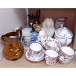 Copper lustre jugs, Sunderland lustre teaware etc