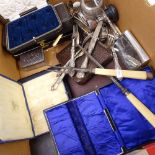 Various cased cutlery, hip flask etc