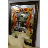 A modern lacquered framed bevelled-edge wall mirror, with painted dragon decoration, W92cm