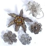 5 various silver filigree brooches, 1 set with blue enamel centre