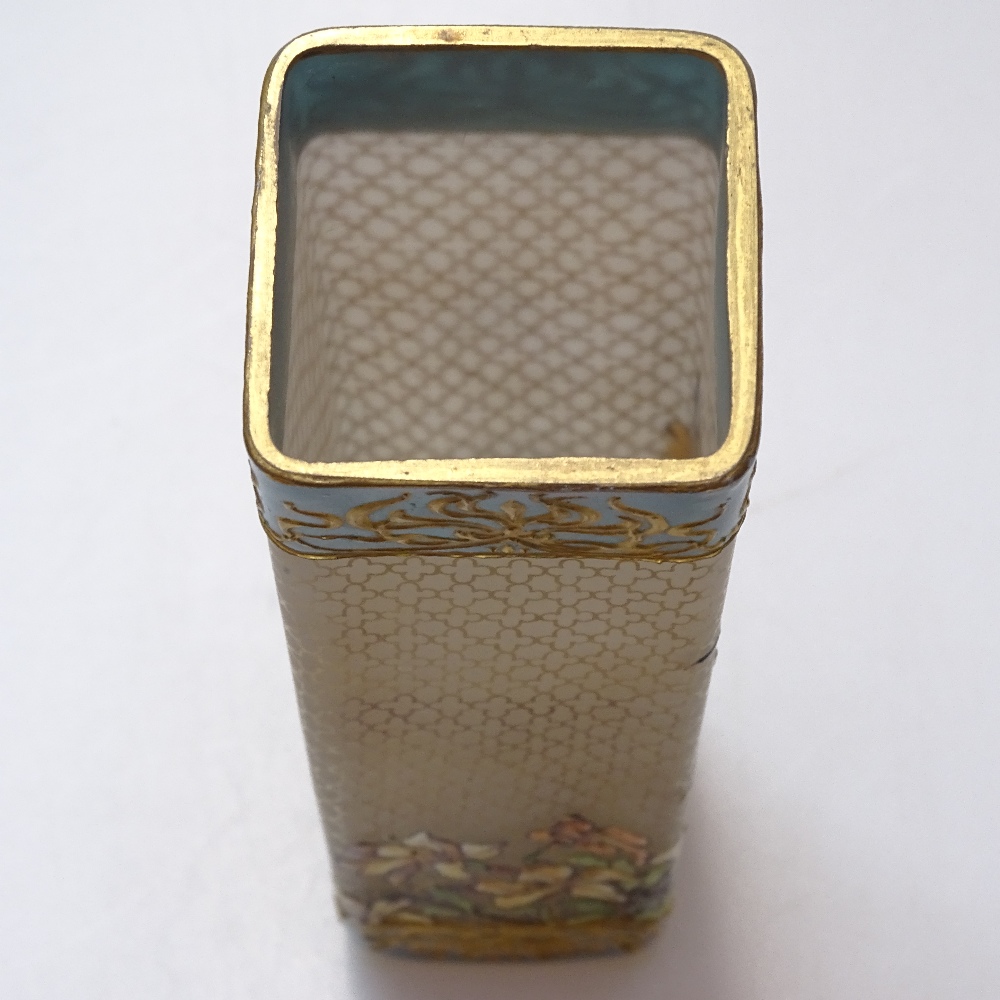 An Art Nouveau square section opaque glass vase, with painted enamel peacock and floral designs, - Image 3 of 3