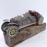 Clive Fredriksson, handmade carved and painted wood and metal sculpture, Classic car, on weathered