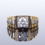 An 18ct gold 0.66ct solitaire diamond ring, Rolex style shoulders, diamond weight calculated with