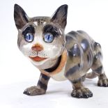 A Galle style ceramic caricature cat, late 19th or early 20th century, with nodding head, no factory