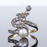 A Russian unmarked gold pearl and rose-cut diamond dress ring, setting height 19.2mm, size L, 2.9g