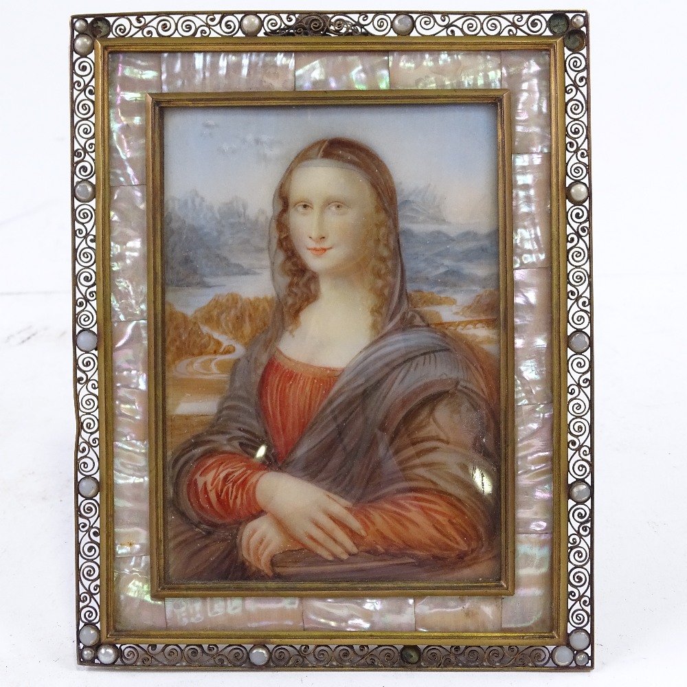 Watercolour on ivory, after Leonardo, The Mona Lisa, unsigned, in mother-of-pearl inset brass - Image 2 of 3