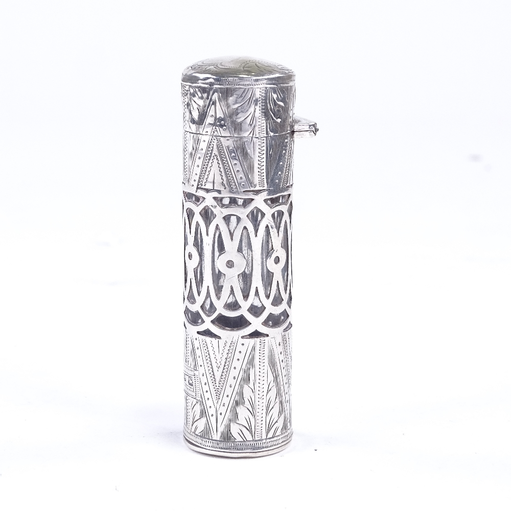 A late Victorian silver-mounted glass perfume bottle, pierced body with bright-cut engraved and - Image 4 of 4